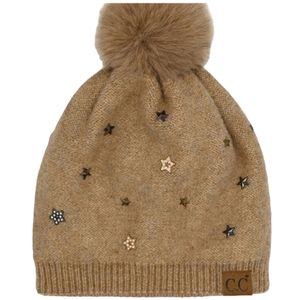 Women's Star Studded Knit Pom Beanie Taupe NWT - (#0188)